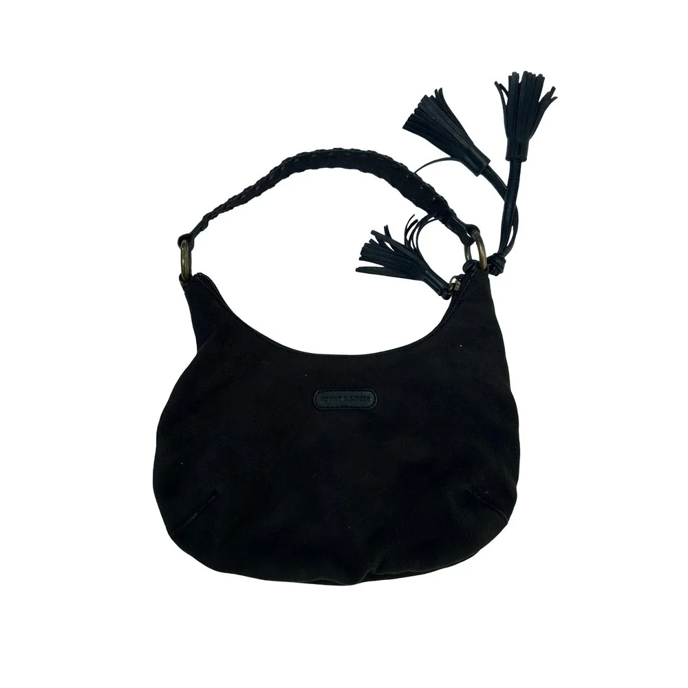 Tommy Hilfiger Y2K Black Suede Hobo Bag Tassel Studded Braided Strap Vintage